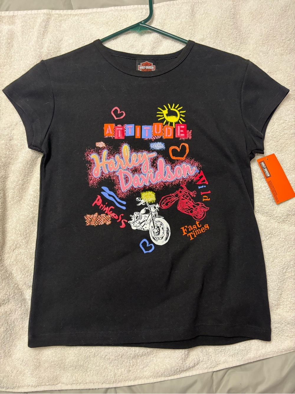 Vintage Harley-Davidson Black Tee with Neon Graphic Accents
